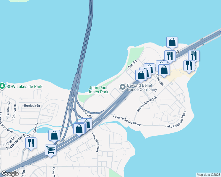 map of restaurants, bars, coffee shops, grocery stores, and more near 3788 Zion Road in Garland