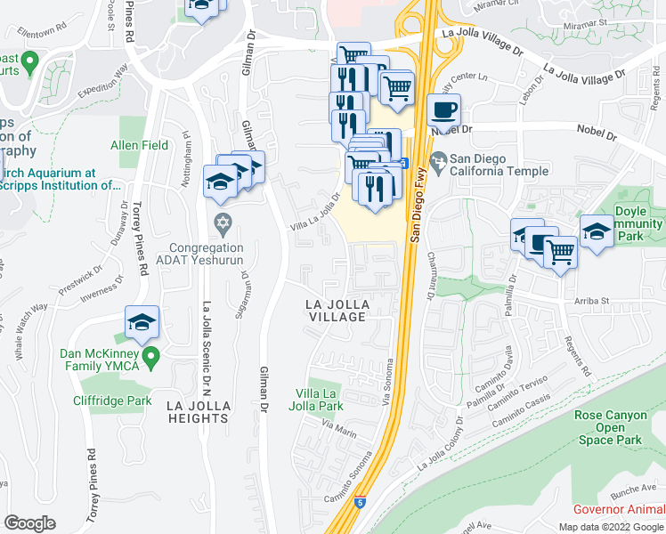 map of restaurants, bars, coffee shops, grocery stores, and more near 8524 Via Mallorca in San Diego