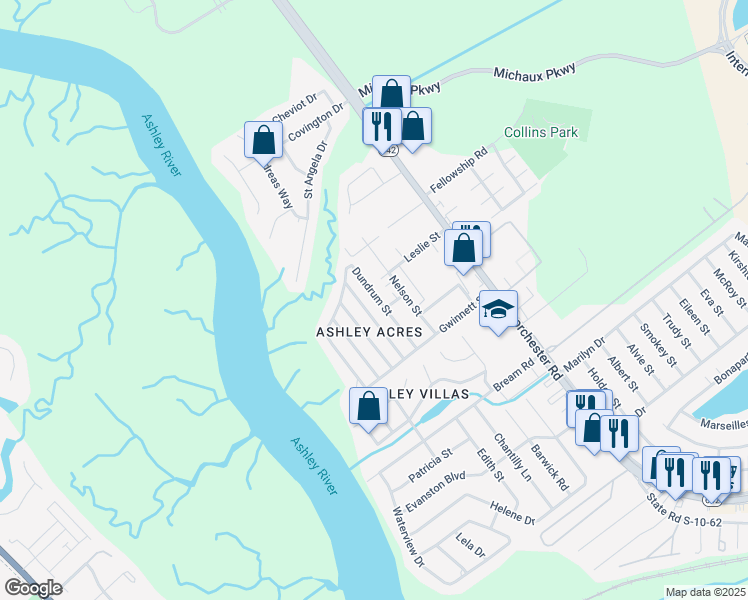 map of restaurants, bars, coffee shops, grocery stores, and more near 5701 Norden Street in North Charleston