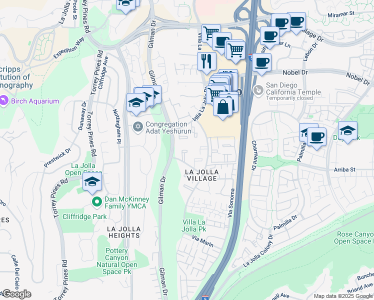 map of restaurants, bars, coffee shops, grocery stores, and more near 8529 Villa La Jolla Drive in San Diego