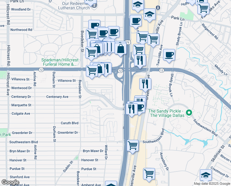 map of restaurants, bars, coffee shops, grocery stores, and more near Lincoln Park in Dallas