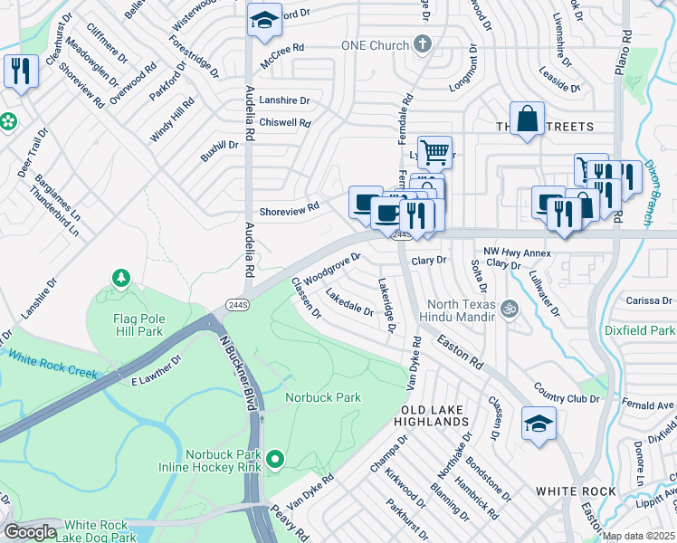 map of restaurants, bars, coffee shops, grocery stores, and more near 9955 Woodgrove Drive in Dallas