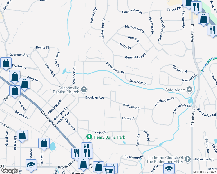 map of restaurants, bars, coffee shops, grocery stores, and more near 162 Sugarloaf Circle in Macon