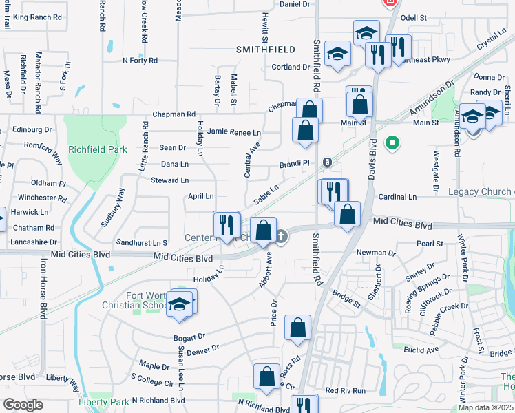 map of restaurants, bars, coffee shops, grocery stores, and more near 7718 Sable Lane in North Richland Hills