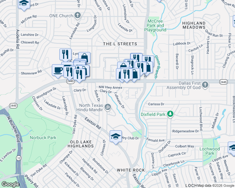 map of restaurants, bars, coffee shops, grocery stores, and more near 8368 Lullwater Drive in Dallas