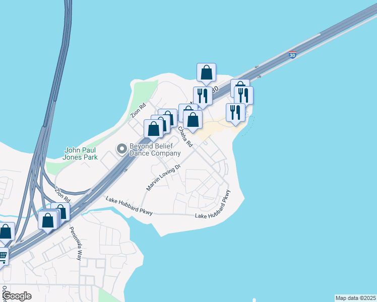 map of restaurants, bars, coffee shops, grocery stores, and more near 6133 Marvin Loving Drive in Garland