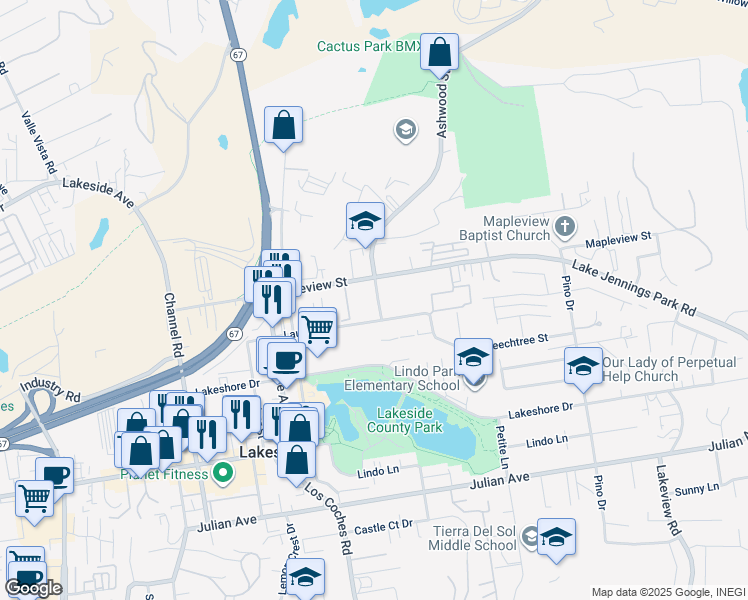 map of restaurants, bars, coffee shops, grocery stores, and more near 10112 Ashwood Street in Lakeside