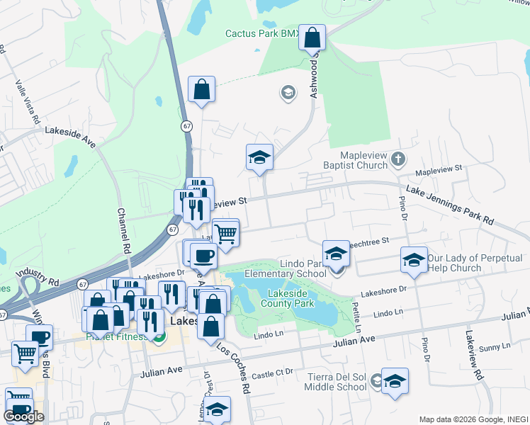 map of restaurants, bars, coffee shops, grocery stores, and more near 10112 Ashwood Street in Lakeside