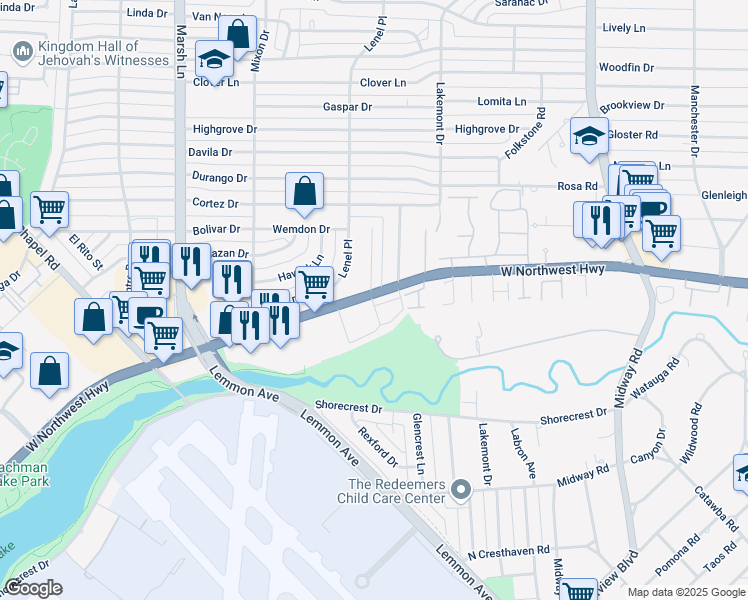 map of restaurants, bars, coffee shops, grocery stores, and more near 3900 West Northwest Highway in Dallas