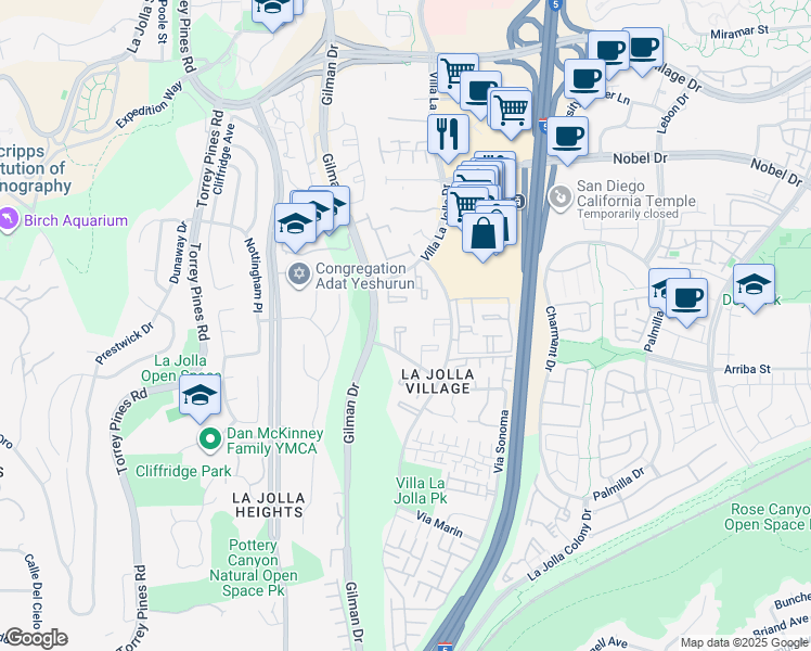 map of restaurants, bars, coffee shops, grocery stores, and more near 8529 Villa La Jolla Drive in San Diego