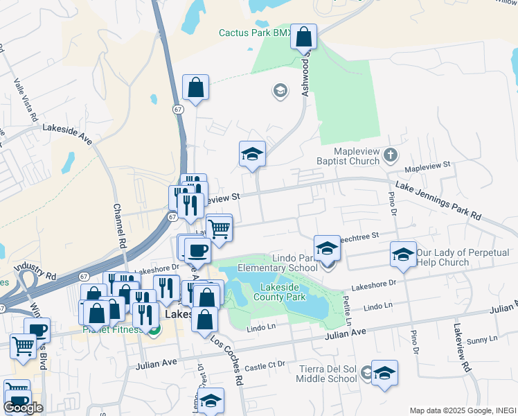 map of restaurants, bars, coffee shops, grocery stores, and more near 12703 Mapleview Street in Lakeside