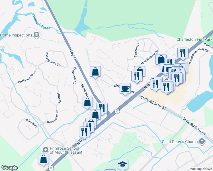 map of restaurants, bars, coffee shops, grocery stores, and more near 1240 Winnowing Way in Mount Pleasant