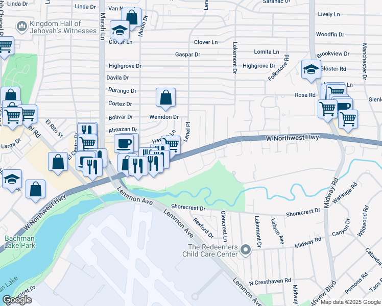 map of restaurants, bars, coffee shops, grocery stores, and more near 9332 Lenel Place in Dallas