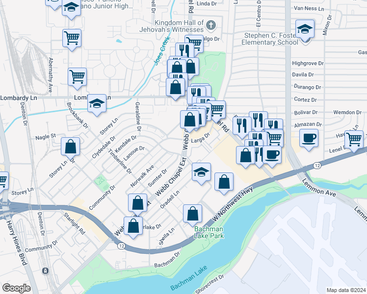 map of restaurants, bars, coffee shops, grocery stores, and more near 3321 Webb Chapel Extension in Dallas