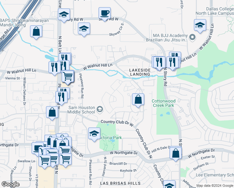 map of restaurants, bars, coffee shops, grocery stores, and more near 4231 Clubhouse Place in Irving