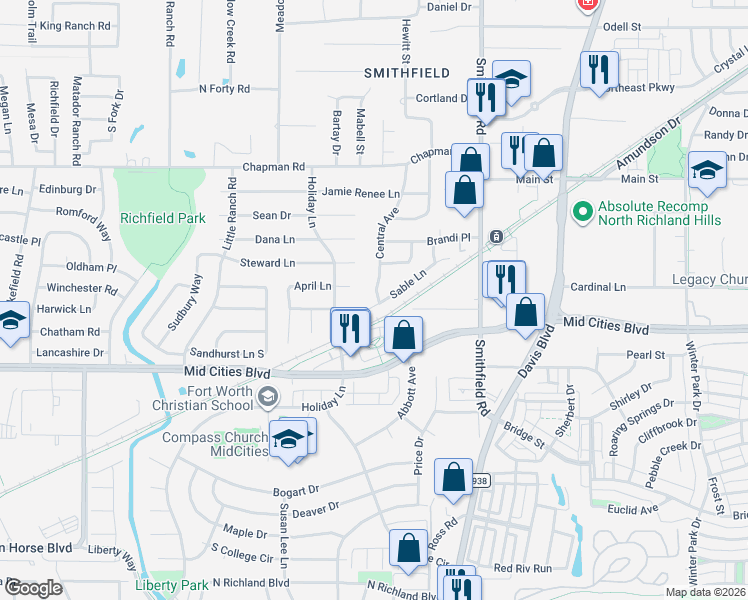 map of restaurants, bars, coffee shops, grocery stores, and more near 6497 Central Avenue in North Richland Hills