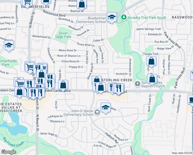 map of restaurants, bars, coffee shops, grocery stores, and more near 4829 Woodstock Drive in Fort Worth