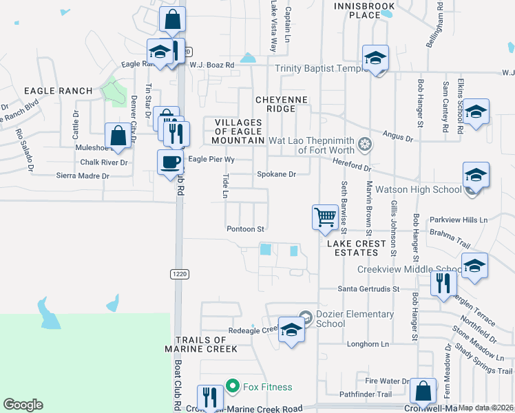 map of restaurants, bars, coffee shops, grocery stores, and more near 6333 Porthole Ln in Fort Worth