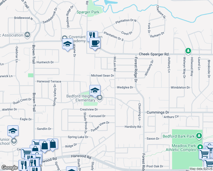 map of restaurants, bars, coffee shops, grocery stores, and more near 3612 Devon Court in Bedford