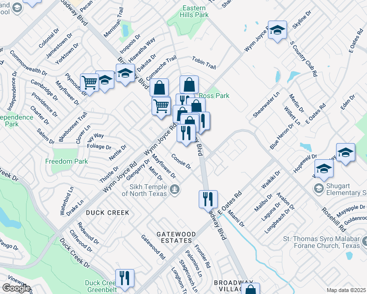 map of restaurants, bars, coffee shops, grocery stores, and more near 4125 Broadway Boulevard in Garland