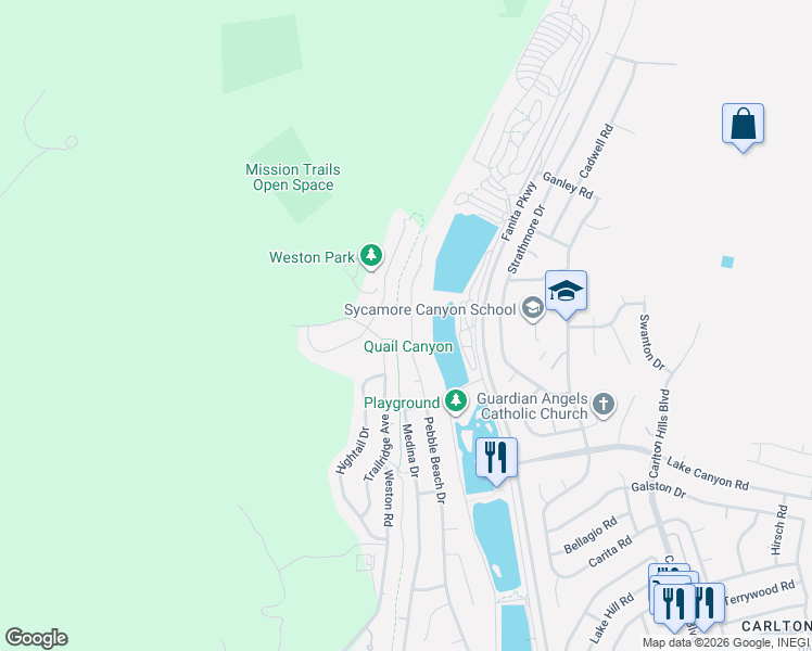 map of restaurants, bars, coffee shops, grocery stores, and more near 10218 Pebble Beach Drive in Santee