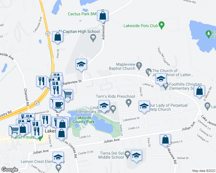 map of restaurants, bars, coffee shops, grocery stores, and more near 12905 Mapleview Street in Lakeside