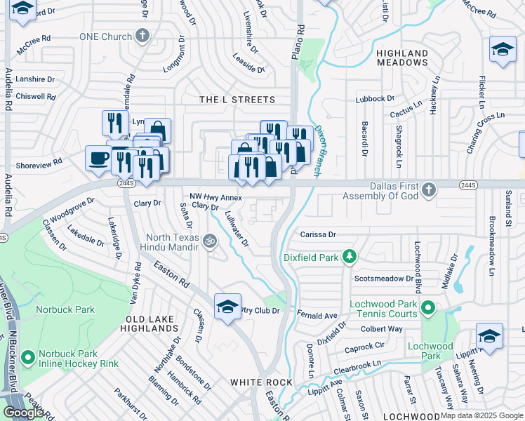 map of restaurants, bars, coffee shops, grocery stores, and more near 10620 Northwest Highway in Dallas