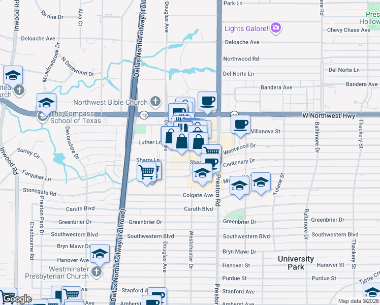 map of restaurants, bars, coffee shops, grocery stores, and more near 8216 Westchester Drive in Dallas