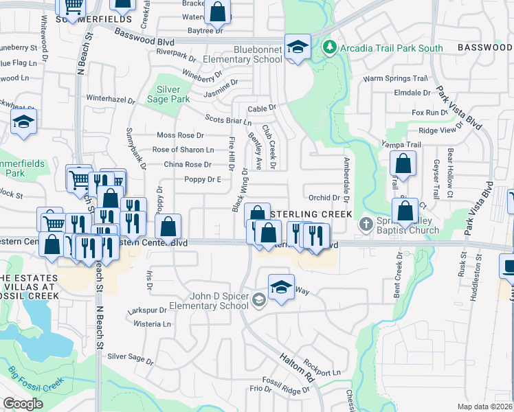 map of restaurants, bars, coffee shops, grocery stores, and more near 4829 Woodstock Drive in Fort Worth