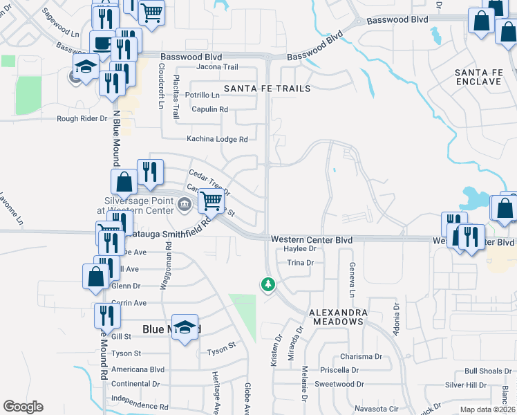 map of restaurants, bars, coffee shops, grocery stores, and more near 1949 Cedar Tree Drive in Fort Worth
