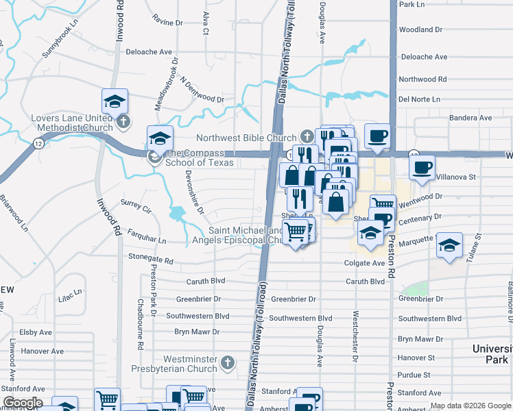 map of restaurants, bars, coffee shops, grocery stores, and more near 5818 Glen Falls Lane in Dallas