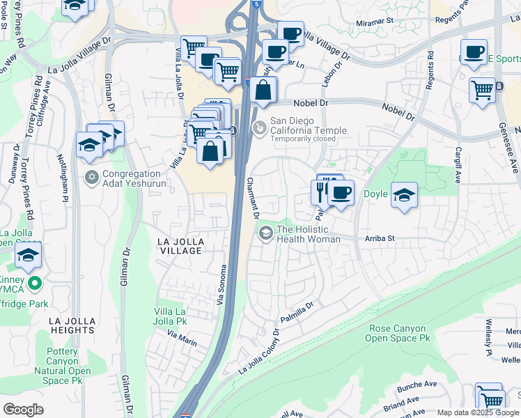 map of restaurants, bars, coffee shops, grocery stores, and more near 7205 Charmant Drive in San Diego