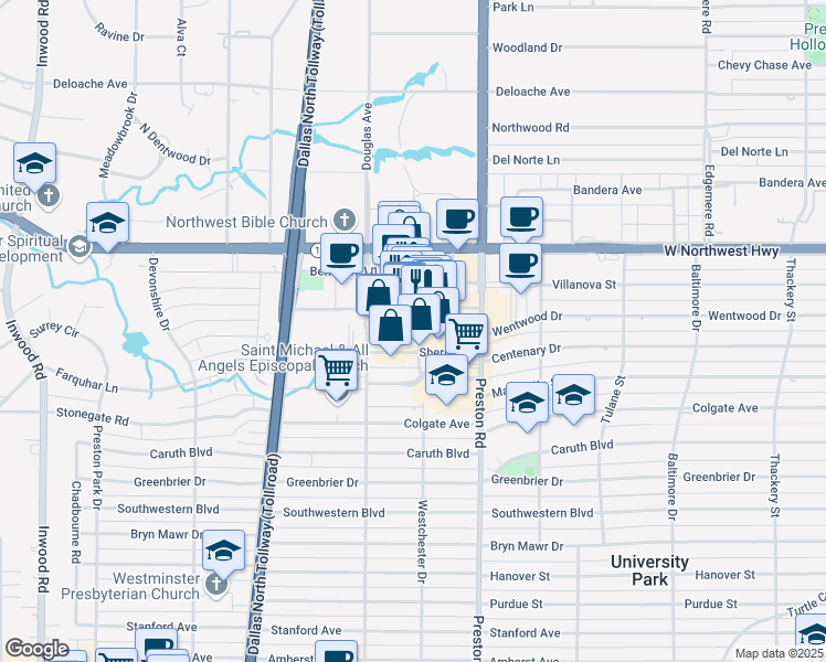 map of restaurants, bars, coffee shops, grocery stores, and more near 6038 Luther Lane in Dallas