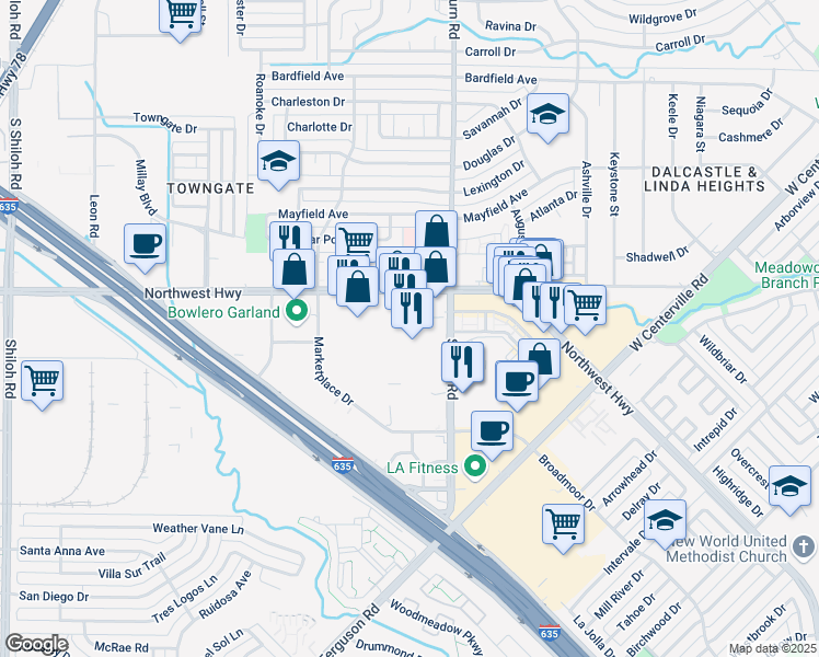 map of restaurants, bars, coffee shops, grocery stores, and more near 1420 Northwest Highway in Garland