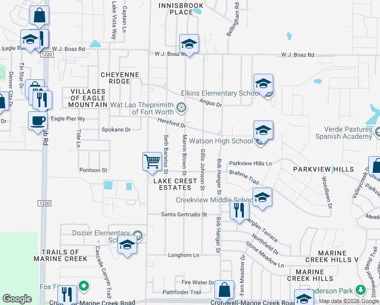 map of restaurants, bars, coffee shops, grocery stores, and more near 7009 Marvin Brown Street in Fort Worth