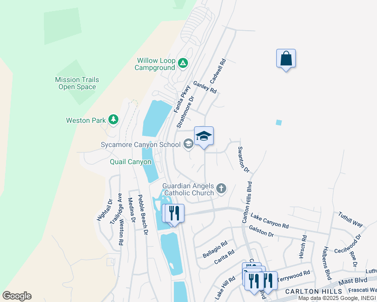 map of restaurants, bars, coffee shops, grocery stores, and more near 10201 Settle Road in Santee