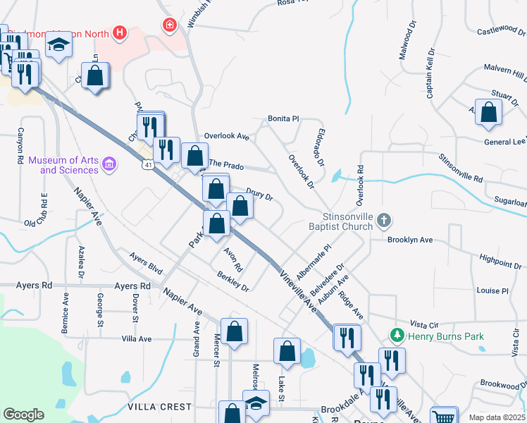 map of restaurants, bars, coffee shops, grocery stores, and more near 3769 Ridge Avenue in Macon