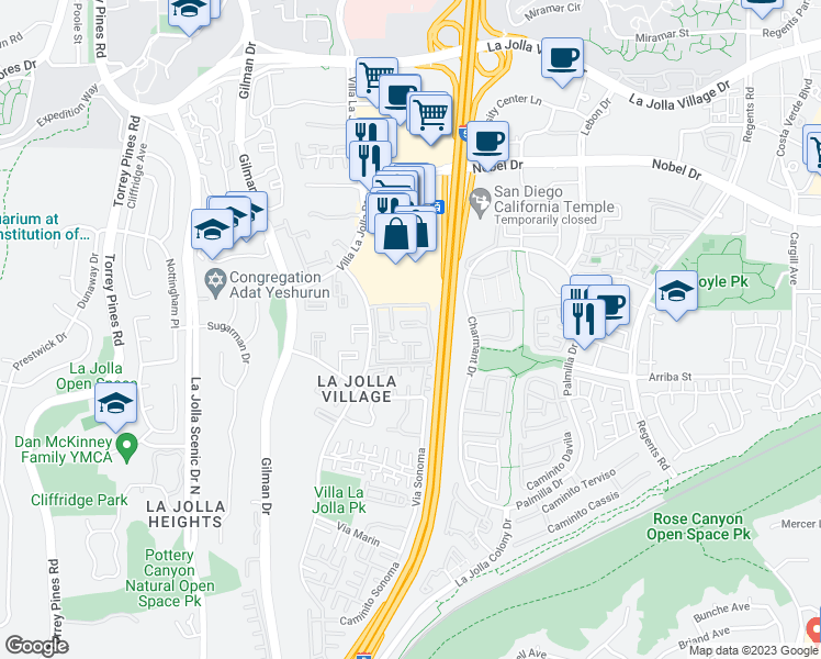 map of restaurants, bars, coffee shops, grocery stores, and more near 8615 Via Mallorca in San Diego