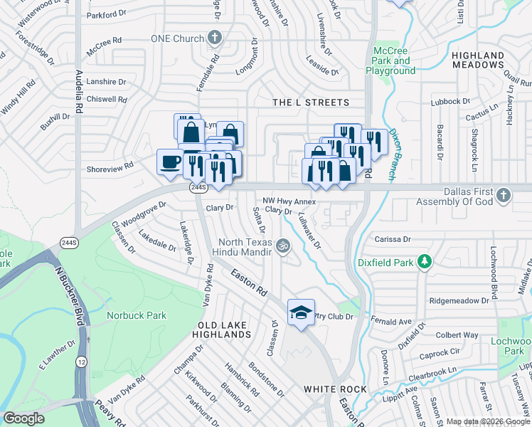 map of restaurants, bars, coffee shops, grocery stores, and more near 10421 Clary Drive in Dallas