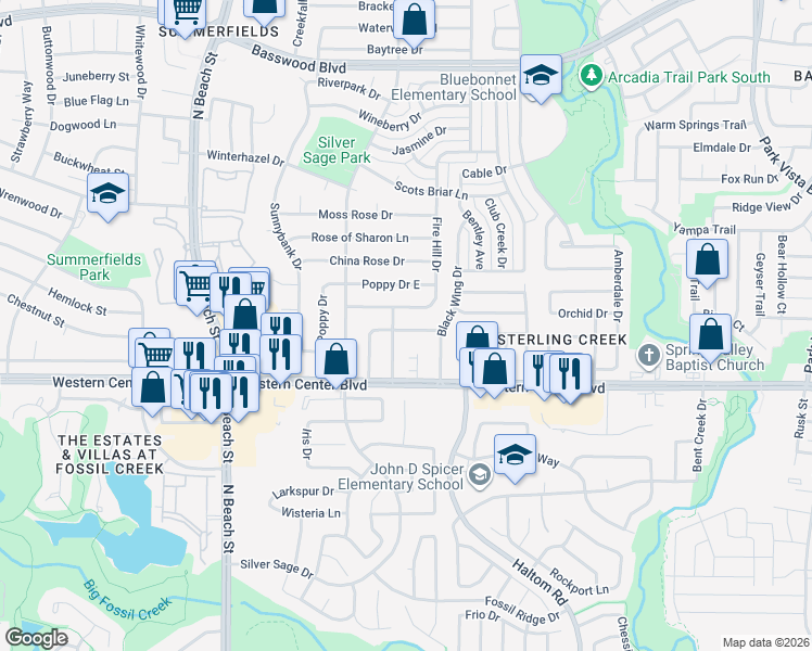map of restaurants, bars, coffee shops, grocery stores, and more near 6740 Fire Hill Drive in Fort Worth