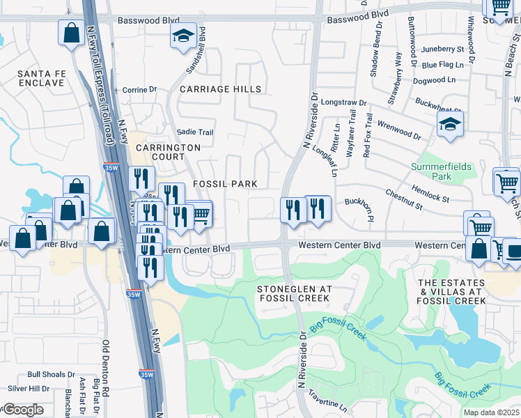 map of restaurants, bars, coffee shops, grocery stores, and more near 3504 Paladin Place in Fort Worth