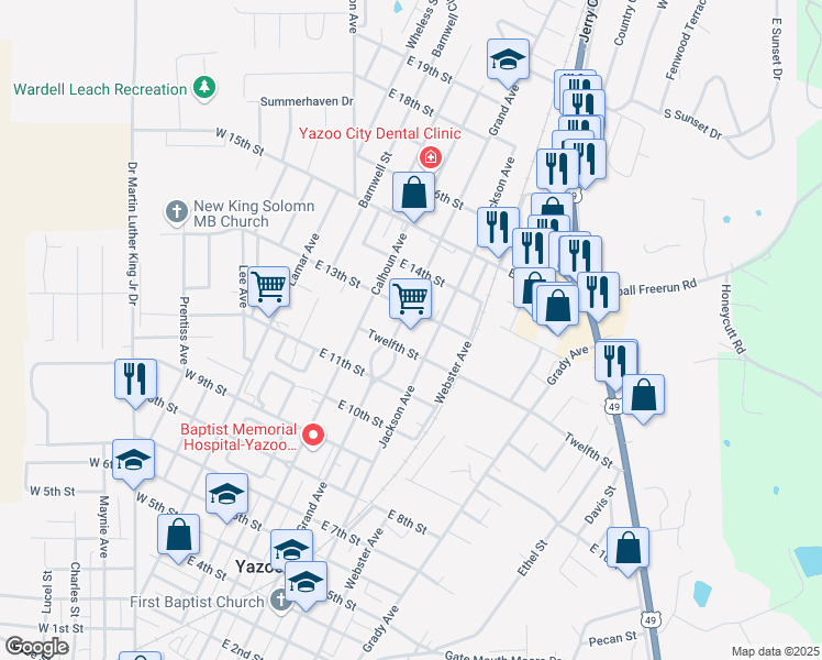 map of restaurants, bars, coffee shops, grocery stores, and more near 1218 Grand Avenue in Yazoo City