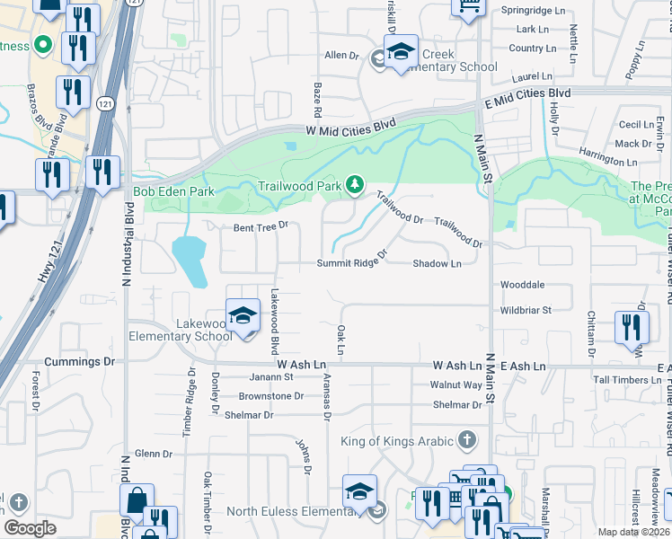 map of restaurants, bars, coffee shops, grocery stores, and more near 1800 Trailwood Drive in Euless