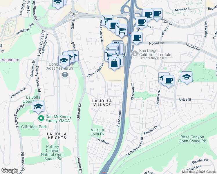 map of restaurants, bars, coffee shops, grocery stores, and more near 8591 Via Mallorca in San Diego