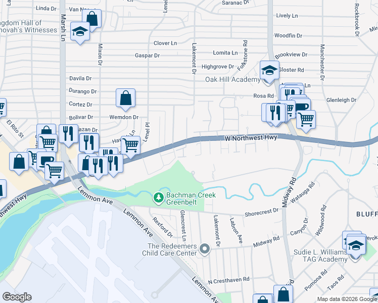 map of restaurants, bars, coffee shops, grocery stores, and more near 4000 West Northwest Highway in Dallas