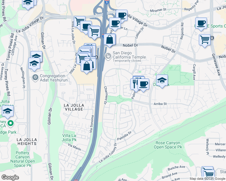 map of restaurants, bars, coffee shops, grocery stores, and more near 7205 Charmant Drive in San Diego