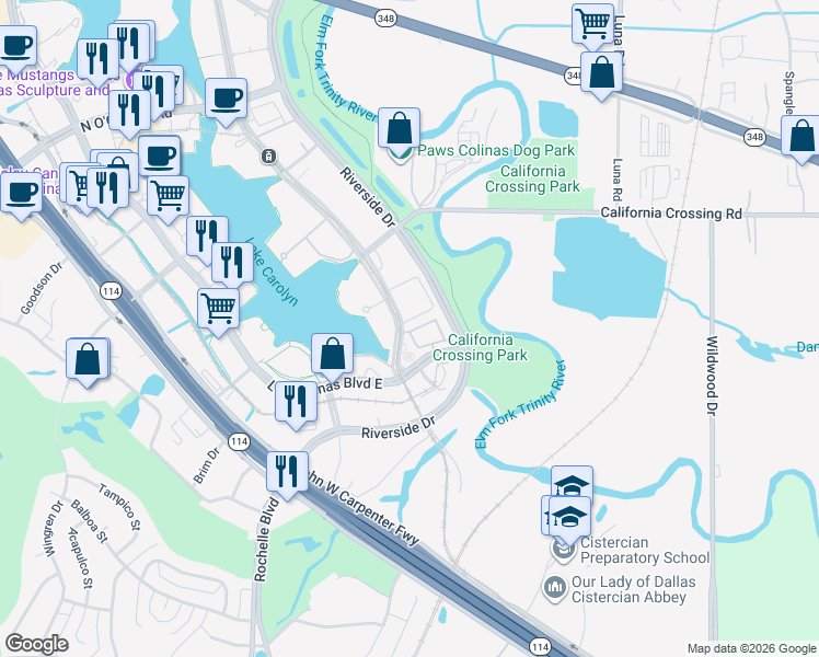 map of restaurants, bars, coffee shops, grocery stores, and more near 620 Lake Carolyn Parkway in Irving