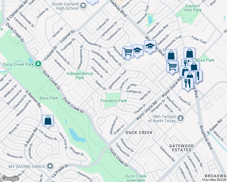 map of restaurants, bars, coffee shops, grocery stores, and more near 4137 Salem Drive in Garland