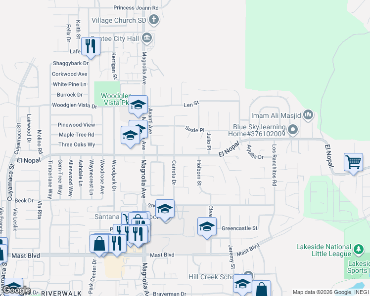 map of restaurants, bars, coffee shops, grocery stores, and more near 10704 El Nopal in Santee