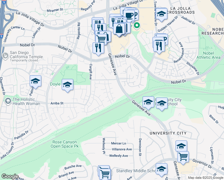 map of restaurants, bars, coffee shops, grocery stores, and more near 8027 Camino Kiosco in San Diego